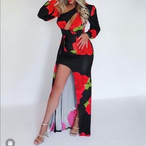 Red and Black Floral Dress One Shoulder Dress